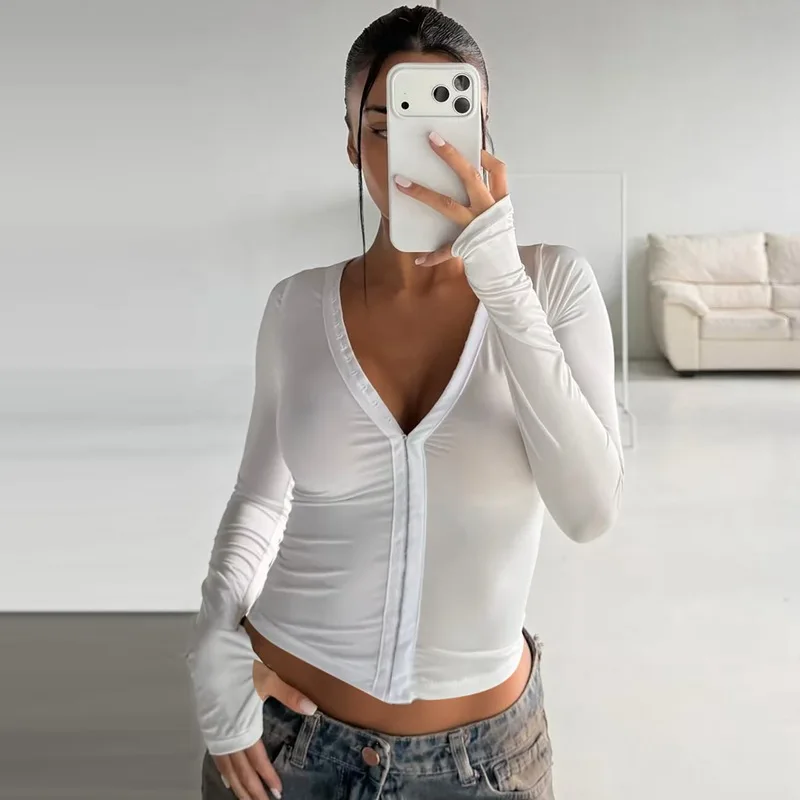 Y2K Button Front Crop Tops Women Deep V Neck Long Sleeve T Shirt Snap Placket Slim Fit Basic Tee Streetwear Party Going Out Top