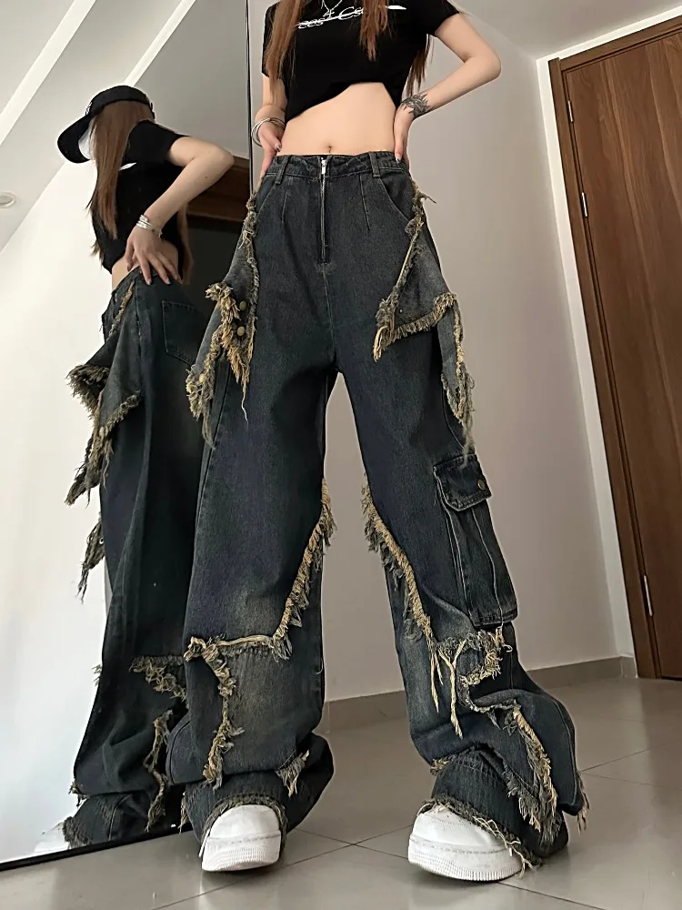 Retro Loose Fitting Skinny Jeans for Women's Design with A Touch of Raw Hem, Floor Length Pants with Straight Legs and Wide Legs