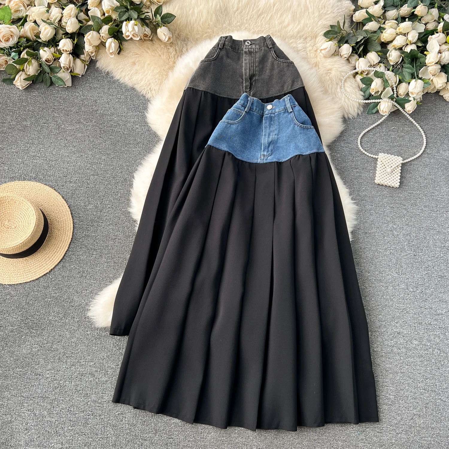 Design Denim Long Skirt For Women Color Contrast Stitching Heavy Elastic Waist  Pleated Patchwork A-Line Jeans Skirt Clothing