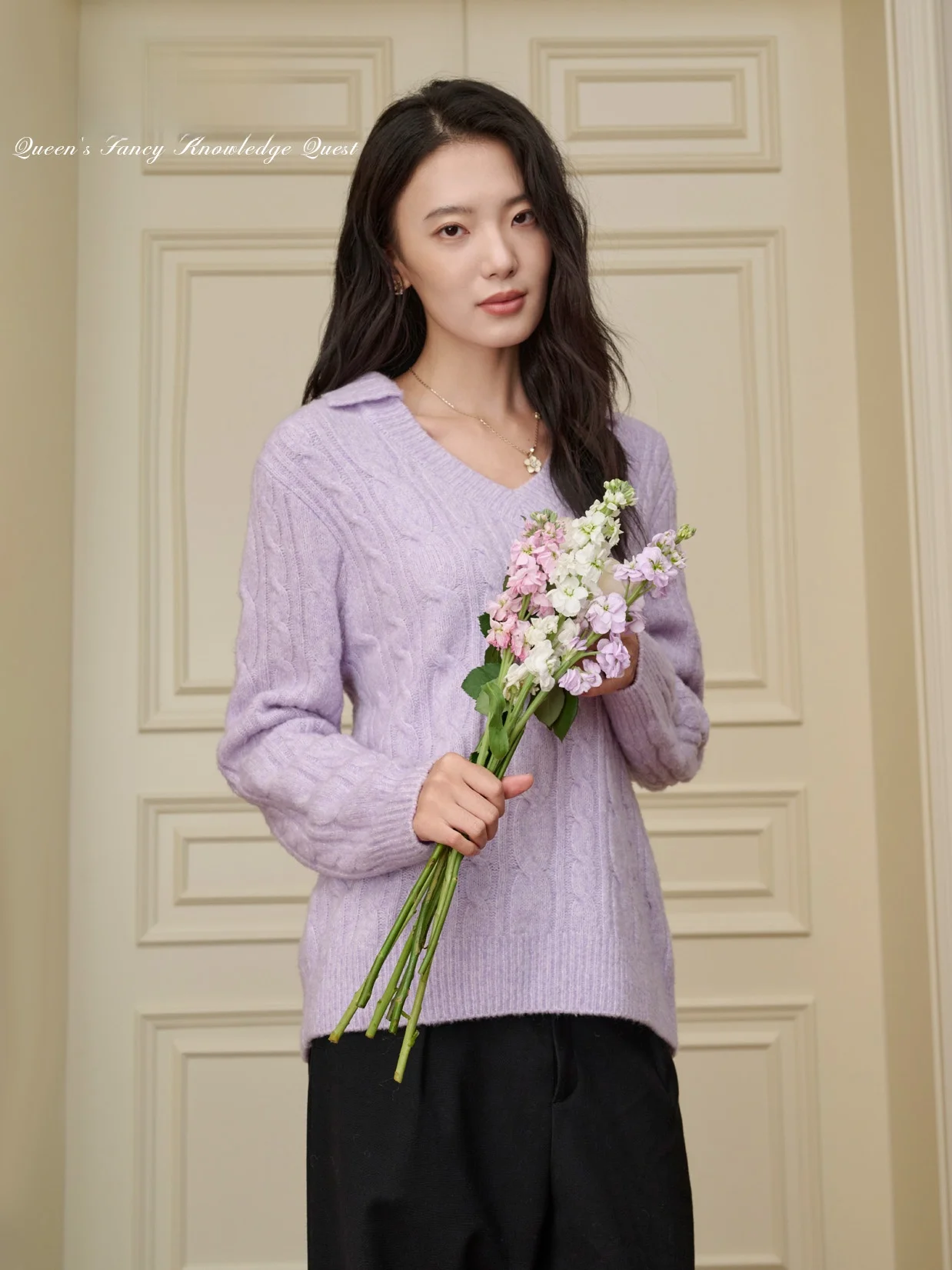 

Вязаный свитер Monet's Iris из шелковой пряжи с V-образным вырезом, теплый зимний, повседневный, с узором «косичка», из смесовой шерсти, прямого кроя, с длинными рукавами