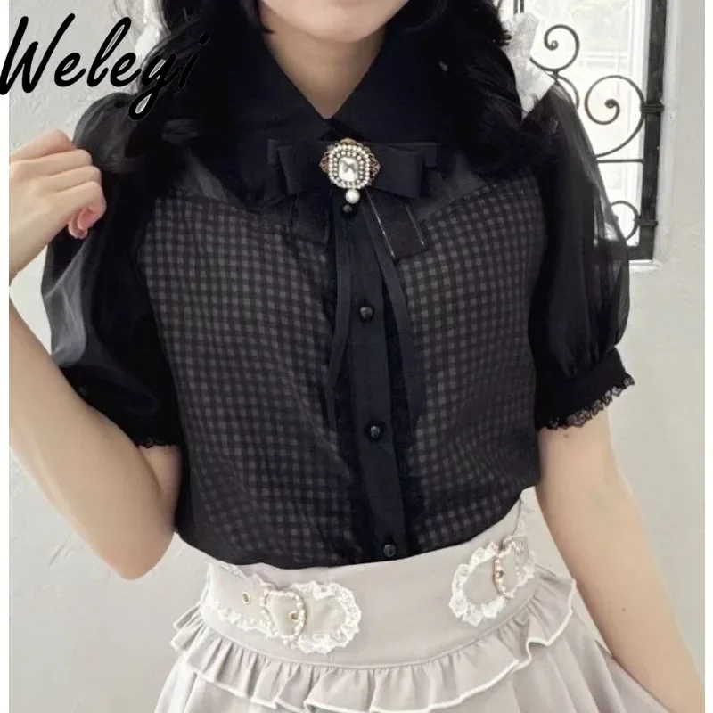 Sweet and Versatile Shirt Japanese Fashion Tops Floral Lace Splicing Fake Two Piece Mass Produced Short Sleeved Camisas E Blusas