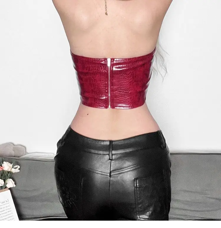 الرجعية الأحمر براءات الاختراع والجلود ضيق مثير الأحمر حمالة أنبوب الأعلى الإناث #3