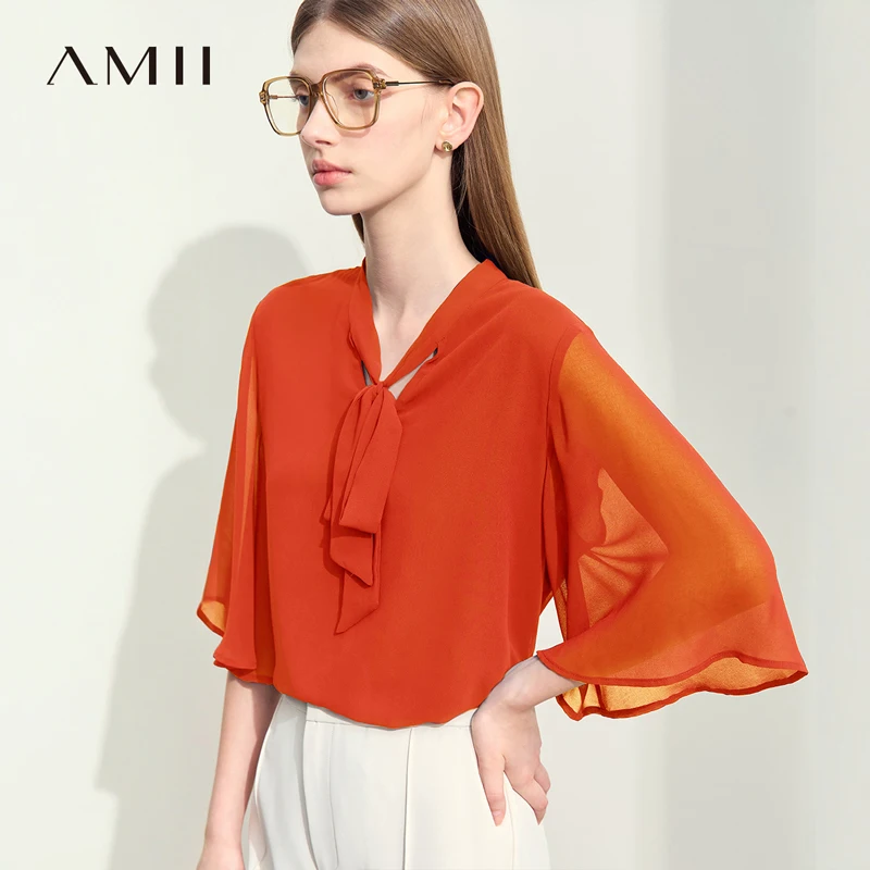 

Amii Women's Blouse 2026 Summer New Stand Collar Chiffon Top Tie Detail Bell Sleeve Elegant Office Loose Pullover Shirt 12622003