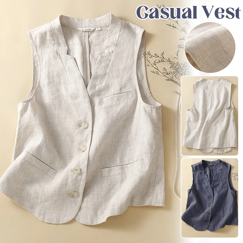 Women Literary Retro Cotton Linen Vest Sleeveless Jacket Streetwear Button Down V-Neck Waistcoat  Elegant Casual Coat