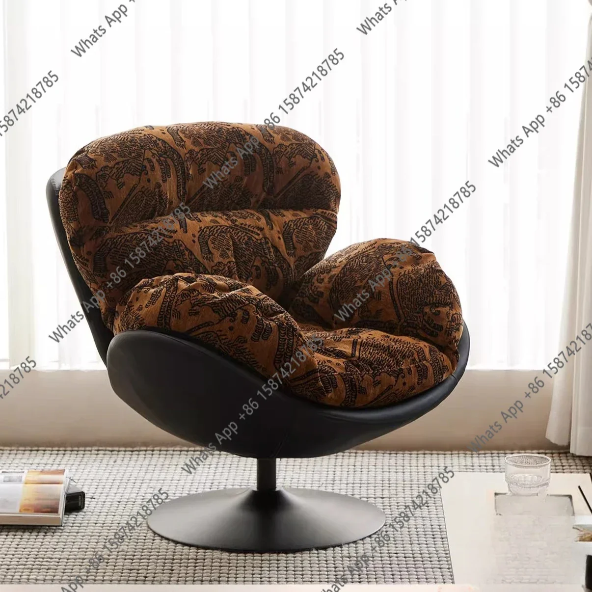 Xx Medieval Retro Style Eggshell Chair Living Room Chenille Single Sofa Leisure Swivel Chair High Headrest