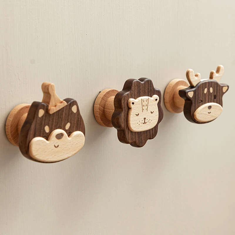 New Cartoon Walnut Wood Hook Beech Wooden Cute Animal Hook Wardrobe Hanger Children's Room Decora Hook Home Kitchen Accessories
