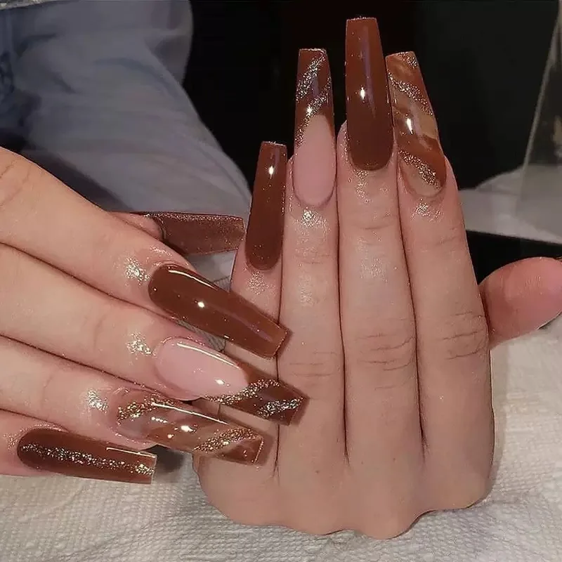 24Pcs Gold Leaf Wearable Coffin Fake Nail Tips with Ink Fainting Designs Long Ballerina False Nails Press on Nails Art Manicure