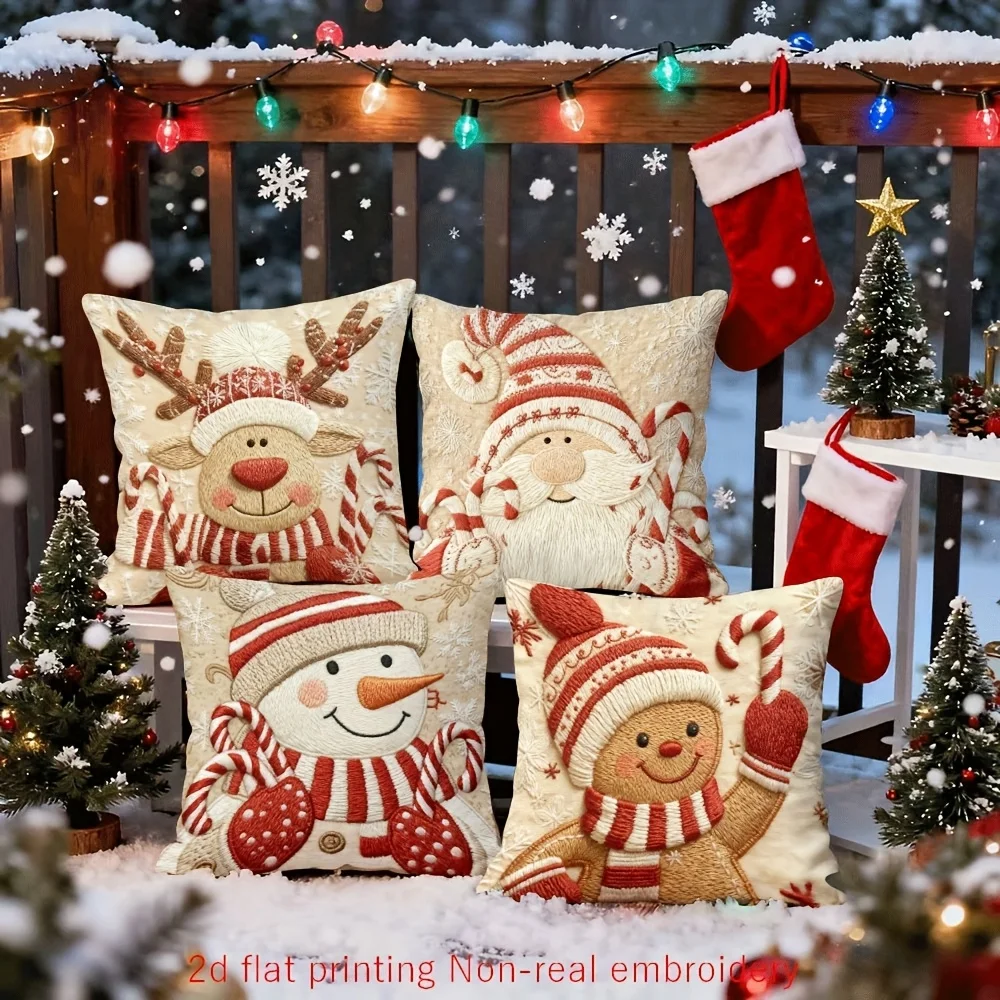 Christmas Theme Pillow Covers Festive Embroidered Reindeer with Candy Canes Suitable for Home Sofa Decoration, Home Accessories