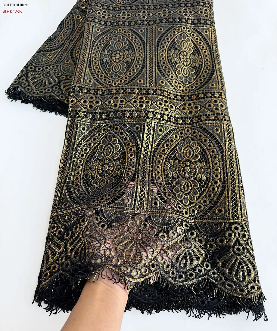 

Gold Plated Embroidery Guipure Lace Unique African Cord Fabric Dubai Abaya Sewing Garment Dress with Tassels Borders