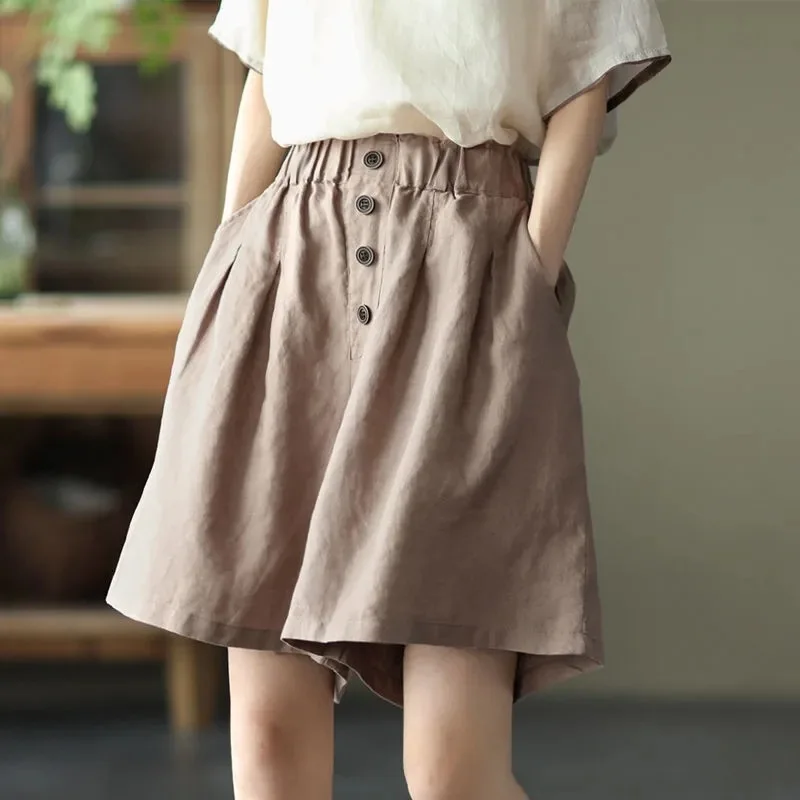 Summer New Women's 2024 Vintage Cotton and Hemp Patchwork Solid Pocket Elasticized Comfortable Loose Cotton Wide Leg Shorts