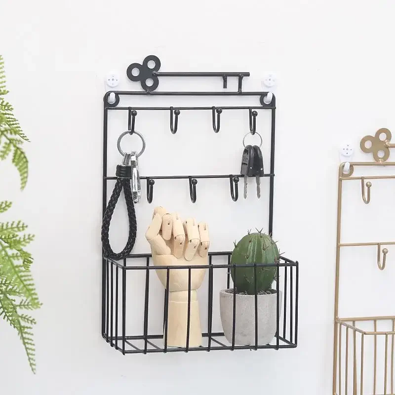 

Iron Wall Racks Storage Holder Key Hook Coat Hat Hanging Basket Bedroom Living Room Decorative Kitchen Organizer Shelf Organizer