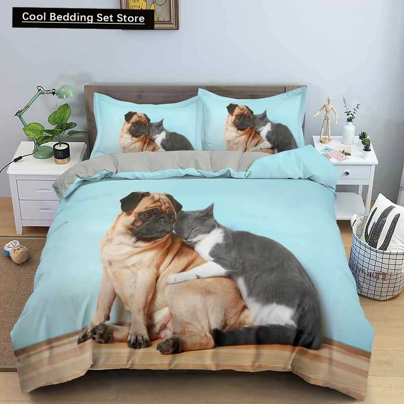 

Dog Cat King Queen Duvet Cover Pet Kitty Puppy Bedding Set for Kids Teens Adults Lovely Animals Blue Soft 2/3pcs Quilt Cover