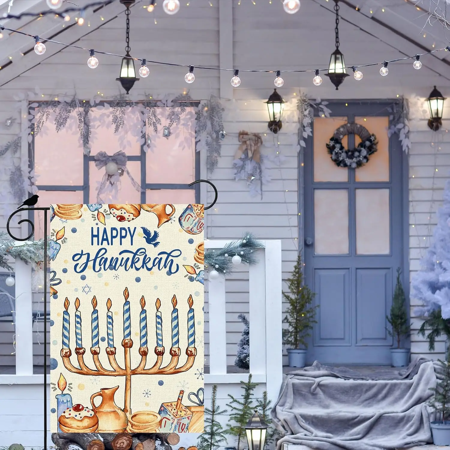 Happy Hanukkah Garden Flag Dreidel Candle Doves Menorah Yard Flag 12x18 Inch Double Sided Small Chanukah Mini Yard Outdoor O LLG