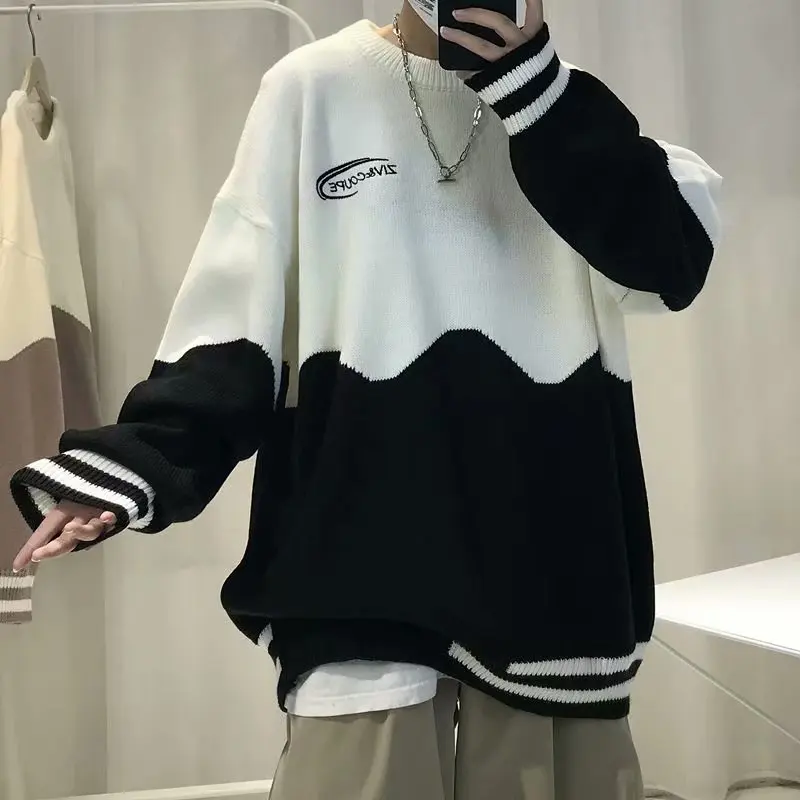 الكورية Sle فضفاضة تناسب جولة Ne مخطط اللون بلو تريكو مريحة عارضة طويلة Sve الرجال سترة Faionable الخريف... #3