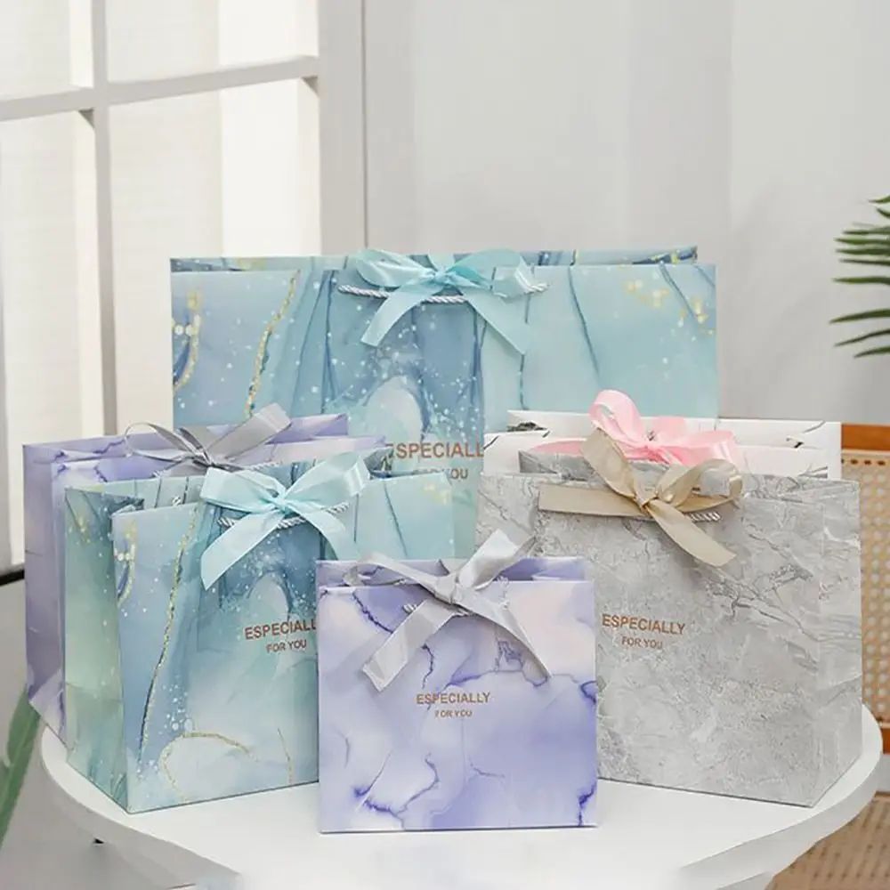 Bolsa de regalo creativa con estampado de mármol de varios tamaños, bolso de mano con patrón de mármol azul y morado, bolso de compras grueso de gran capacidad