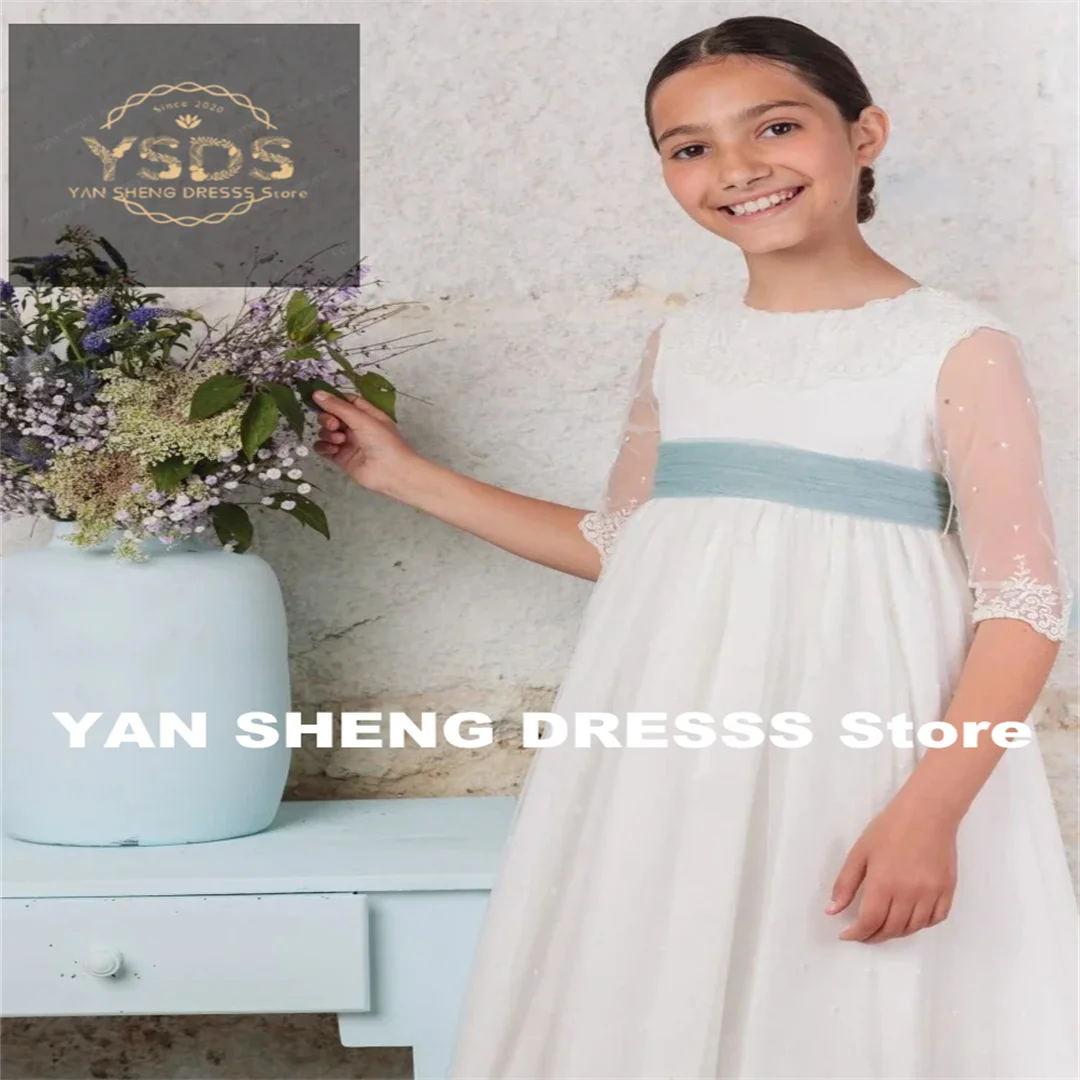 White Lace Appliques With Bow Ribbon Half Sleeves For Wedding Birthday Party Banquet Princess Gowns Flower Girl Dresses