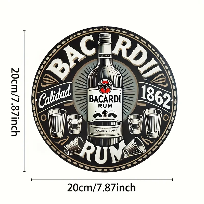 2D Flat - 1pc Bacardi Rum 18.62inch Round Aluminum Sign - Vintage Style with Bacardi Bottle & Glasses Design, Durable Metal