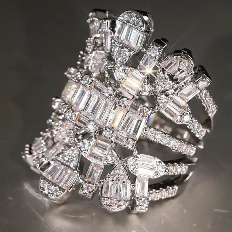 Huitan Symmetrisches Design Damen Silberfarbener Ring Hochzeit Party Eingelegte Glänzende Geometrische Zirkonia Mode-Accessoires Statement-Schmuck – Detail 4