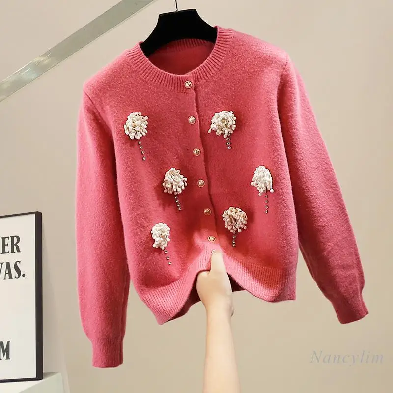 

Fashion Cardigan Heavy Industry Three-dimensional Flower Bead Sweater Coat Skinny Front Shoulder Design Niche Top Women's Trend