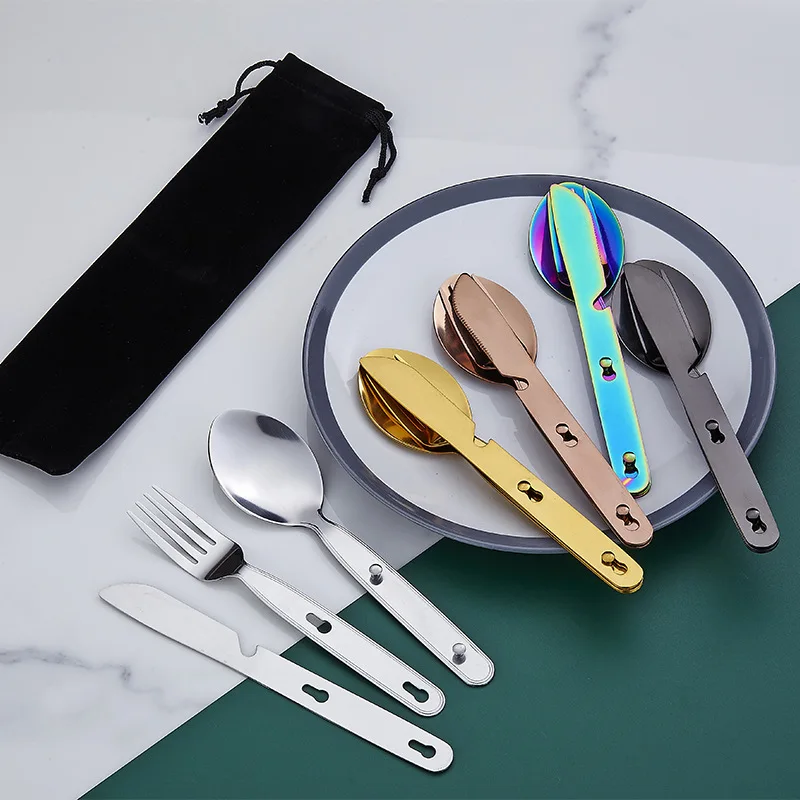 4 PCS Set Stainless Steel Cutlery Knife Fork Spoon for Home Use Travel Camping Picnic Portable Tableware Set with Storage Bag #3