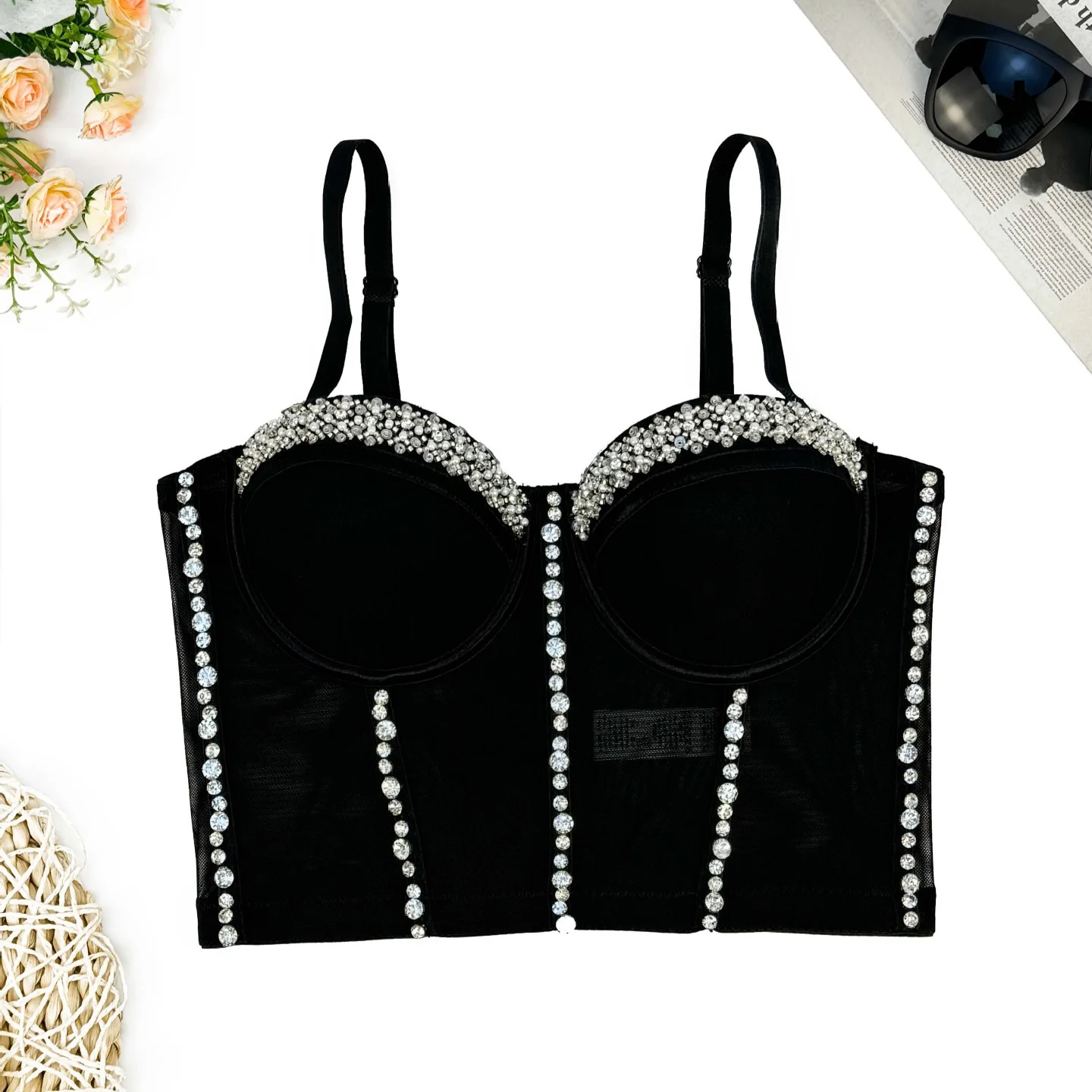 Chic Mesh Basics Lace Beading Camis Elastic Vintage Straps Tube Top Sexy Ins High Street Corset Bustier Hotsweet Women Y2k Top