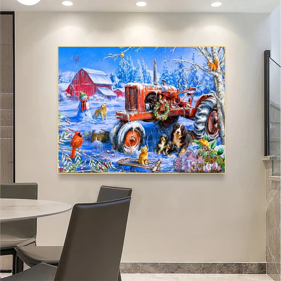 Cuadro de mosaico hecho a mano con Vista de nieve de granja 5D, Kit de punto de cruz de Tractor de perro, diamantes de imitación cuadrados y redondos, regalo de decoración del hogar