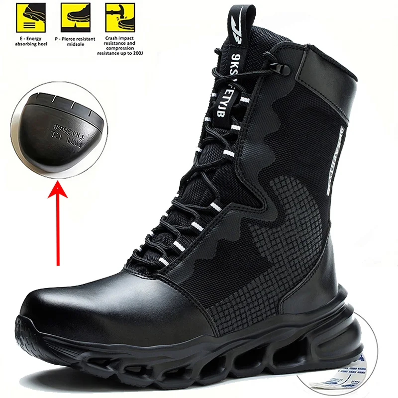Mens Steel Toe Work Boots High Top Light Breathable Safety Shoes Anti-Smash Anti-Puncture Construction Boots Wear-Resisting Sole
