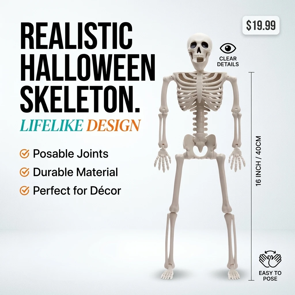 Halloween Realistic Life Size Human Skeleton with Movable Joints, Full Body Posable Skeleton Model, Horror Decor Prop for Haunted House Party
