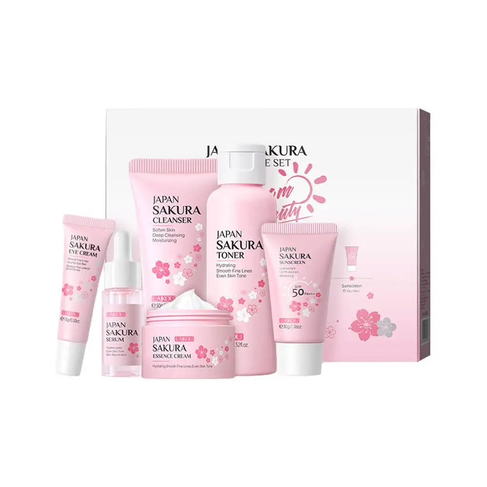 Sakura-Ensembles de soins de la peau, crème pour le visage, sérum, toner, nettoyant pour le visage, crème solaire pour les yeux, ensemble de produits de soins de la peau, coffret cadeau, 6 pièces par ensemble