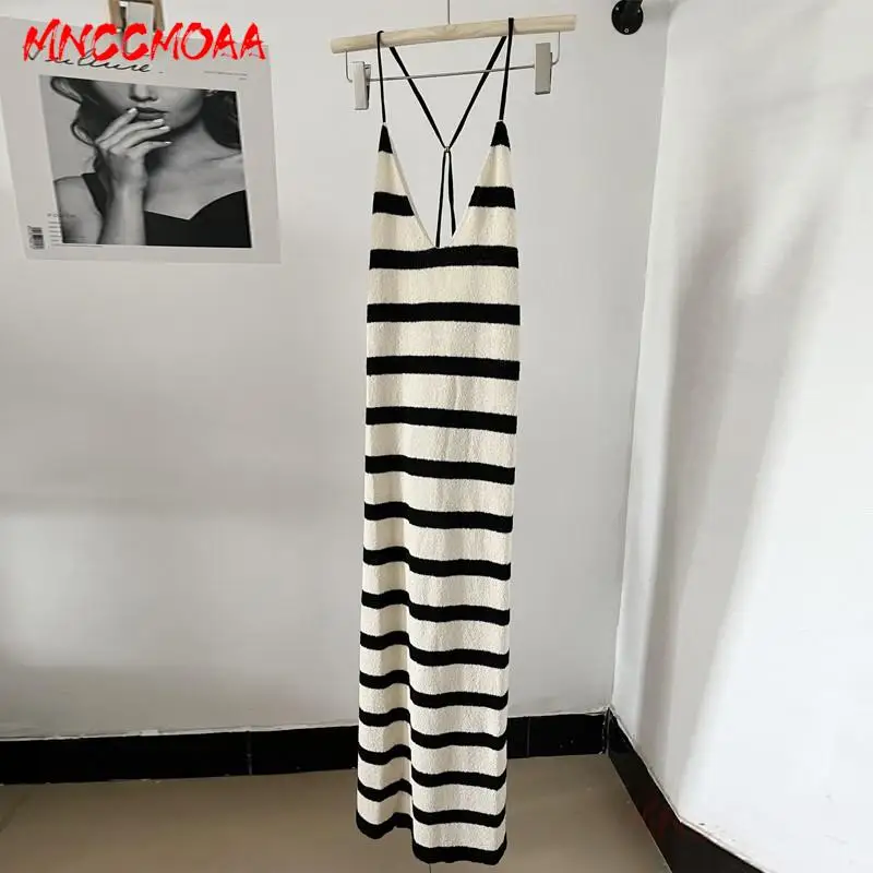 MNCCMOAA-Women's Striped Camisole Midi Dress, Female Casual Sleeveless Pullover Dresses, Ladies Fashion, Summer, 2024