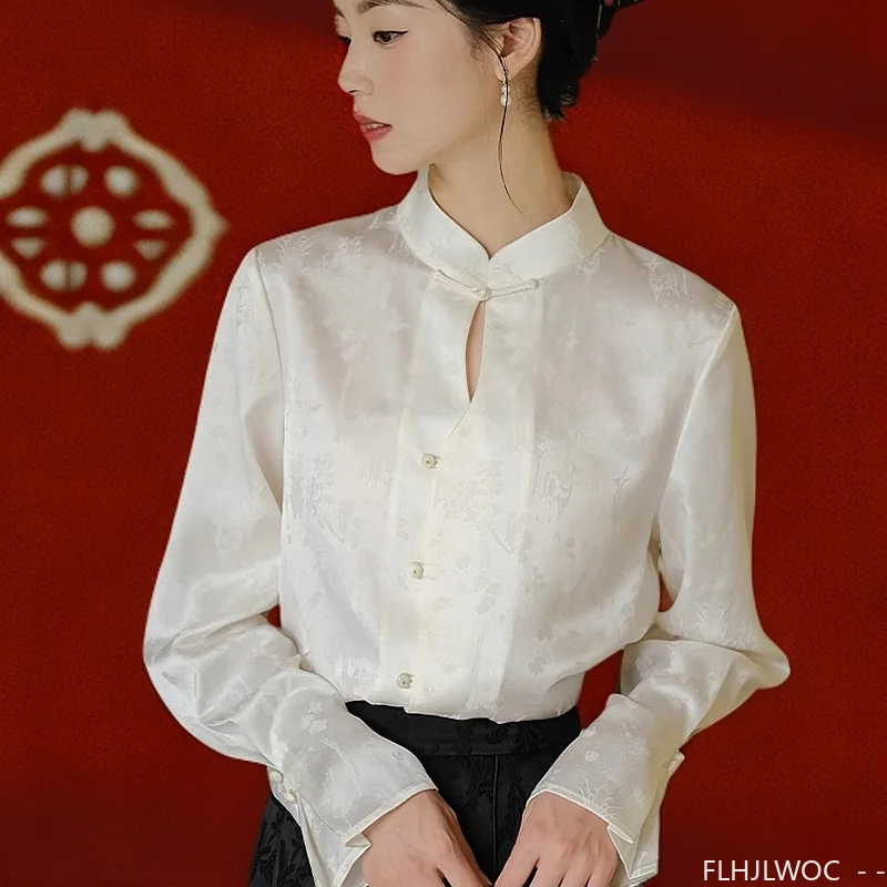 Chinese Style Chi-pao Collar Design Tops Blouses Woman New 2025 Spring Retro Vintage Thin Comfortable Button Basic White Shirts