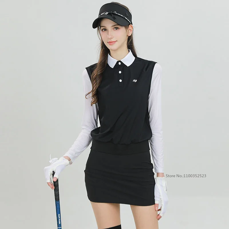SG 2026 Spring Summer Golf Shirts Women Ice Silk Fake Two-piece Tops Sunscreen Long-sleeved Polo Shirt Slim Golf Pencil Skirts
