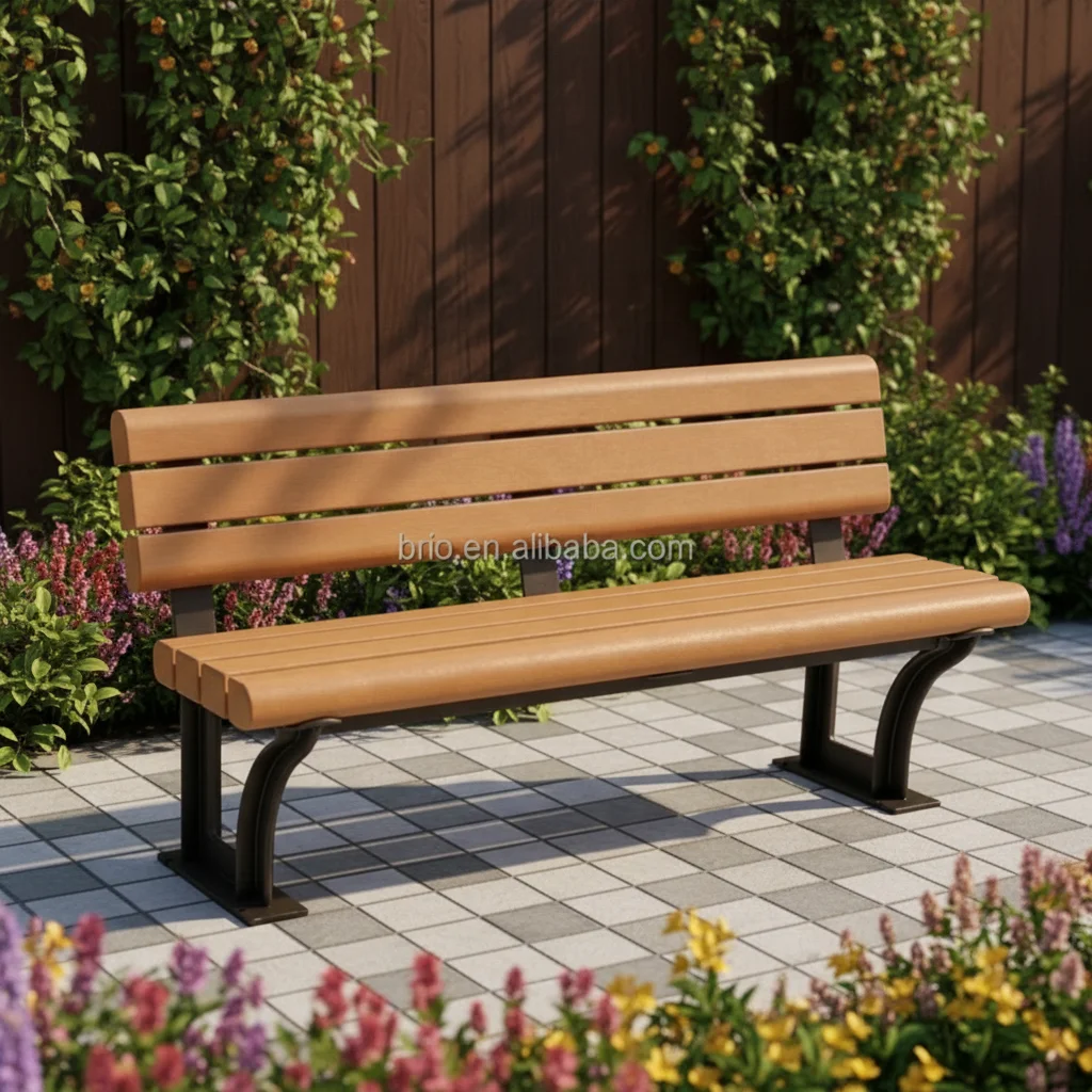 *qFactory Direct Cheap Weatherproof PE Outdoor Bench with Backrest Wrought Iron Frame 3-Seat Garden Patio Porch Park Deck Wood