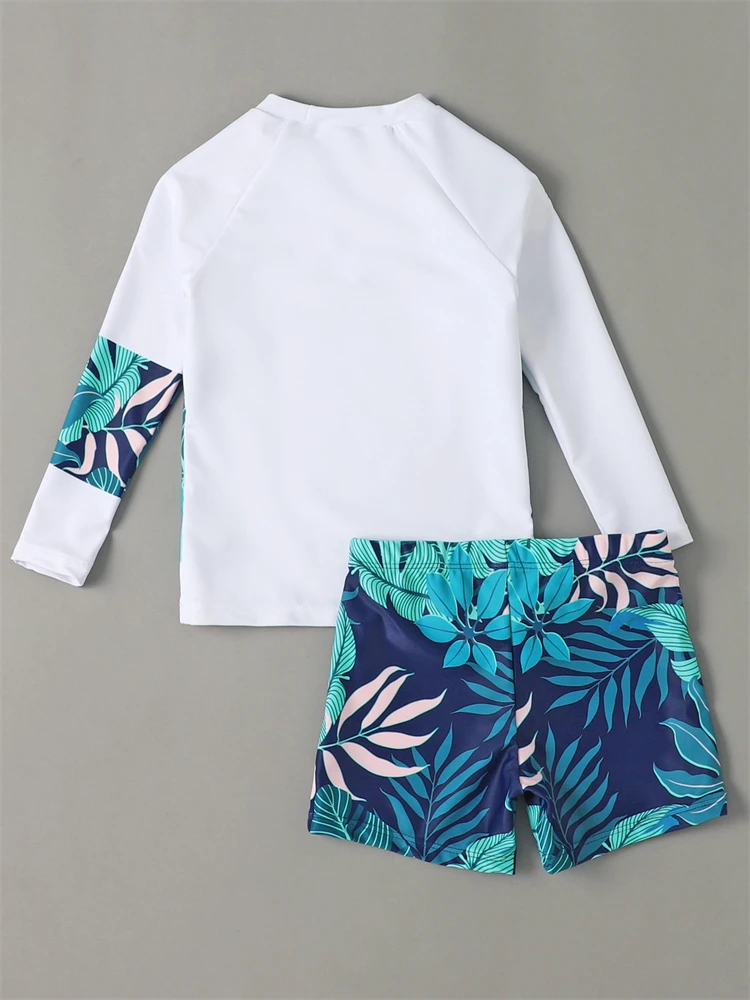 Boy Swimsuit 2024 New Leaves Print Long Sleeve Children Swimwear Summer Two Piece Kids Beach Wear Swimming Bathing Suit Boys Men