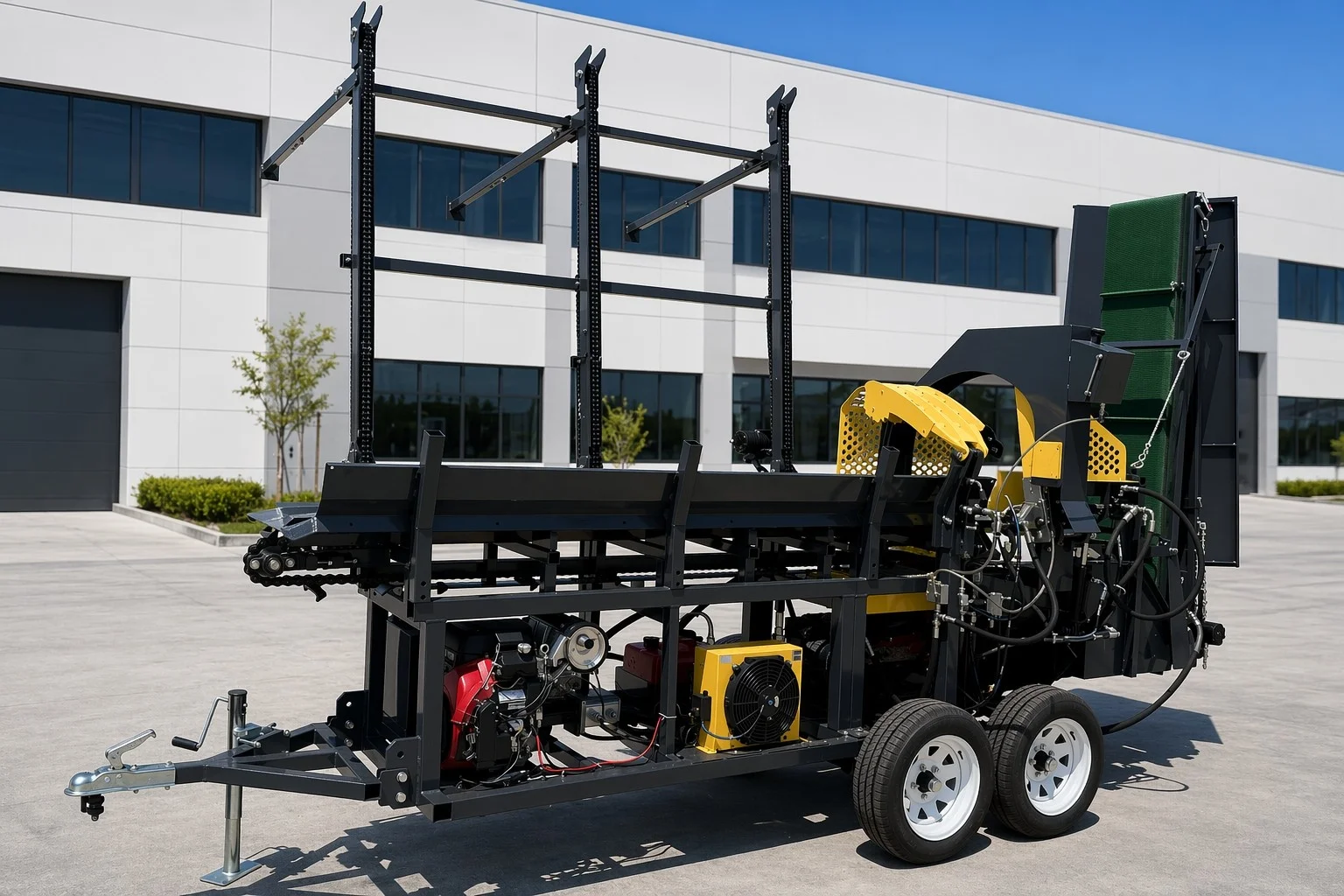 Towable Firewood Processor All-in-One Log Saw and 6-Way Hydraulic Splitter with Bottom-Mounted Wedge Conveyor Belt for Forestry