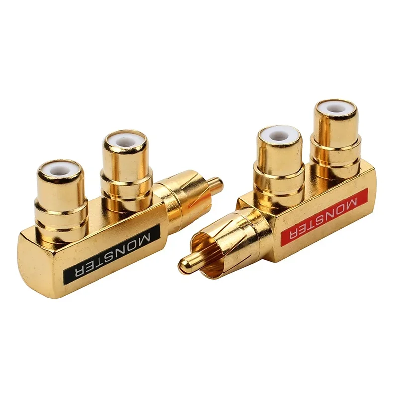 2/4/8/16PCS Two Three-way Gold Plated RCA One Point Plug Monster Lotus RCA 1 Male to 2 Female AV Audio Adapter RCA Connector