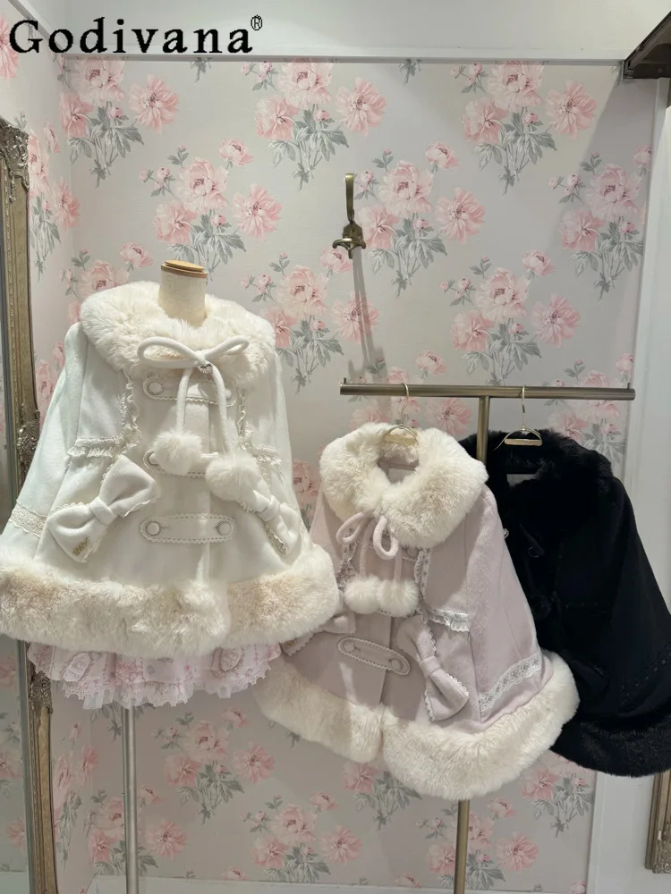 

Winter French Elegant Lady Design Lace Trim Bow Cape Coat Gentle Sweet Cute Doll Feel Thick Woolen Coat
