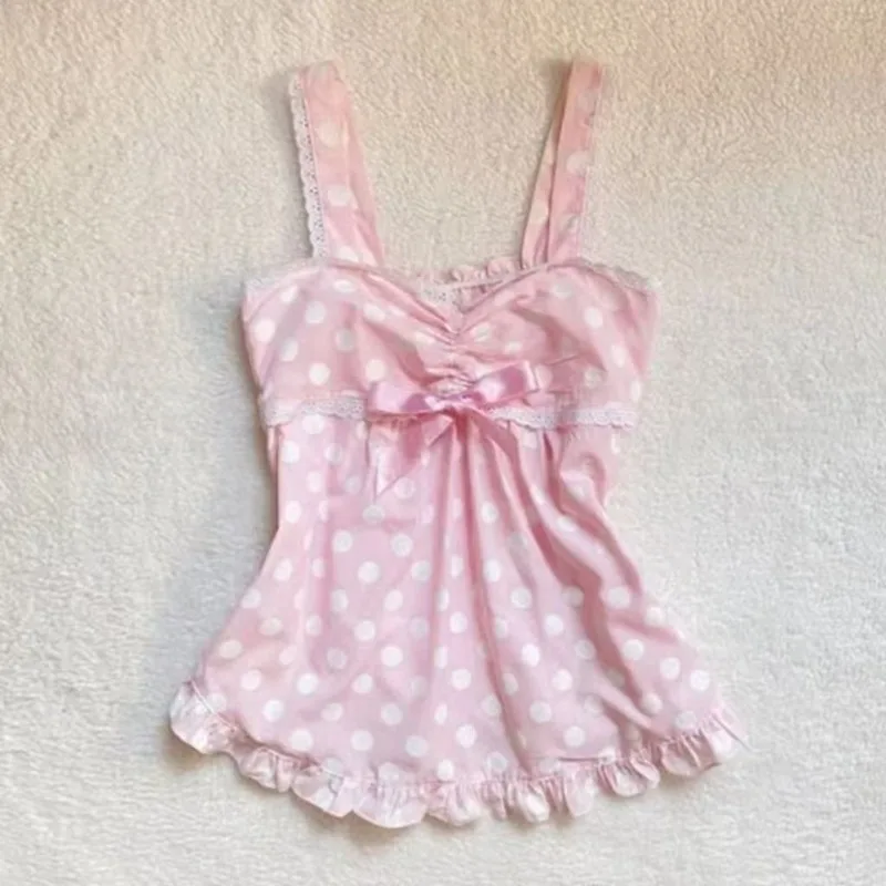 Sweet Kawaii girl Chic Camisole Japanese subculture Bow halter vest Harajuku pop lace stitching tanks women's cute slim-fit tops