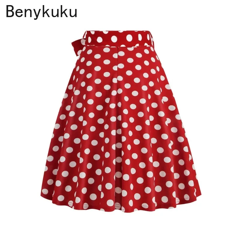 Red High Waist Polka Dot Print Belted Flare Swing Skirt for Women 2024 Summer New in Rockabilly Pinup Vintage Clothes Korean