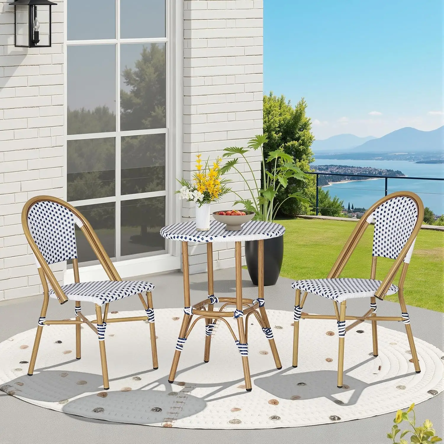 3 Piece Patio Bistro Set , French Wicker Outdoor Bistro Set with Round Table and 2 Dining Chairs , ‎Aluminum Wicker Furniture