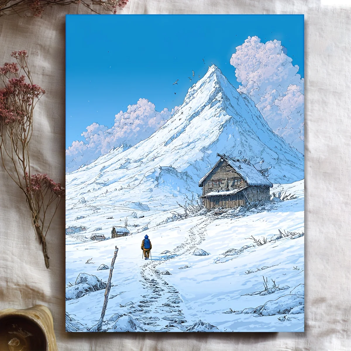 (No frame)1pc, with Frame, 12x16inch [2D Flat] Funny Art Manga style Journey to the Peaks winter landscape art, snowy mountai