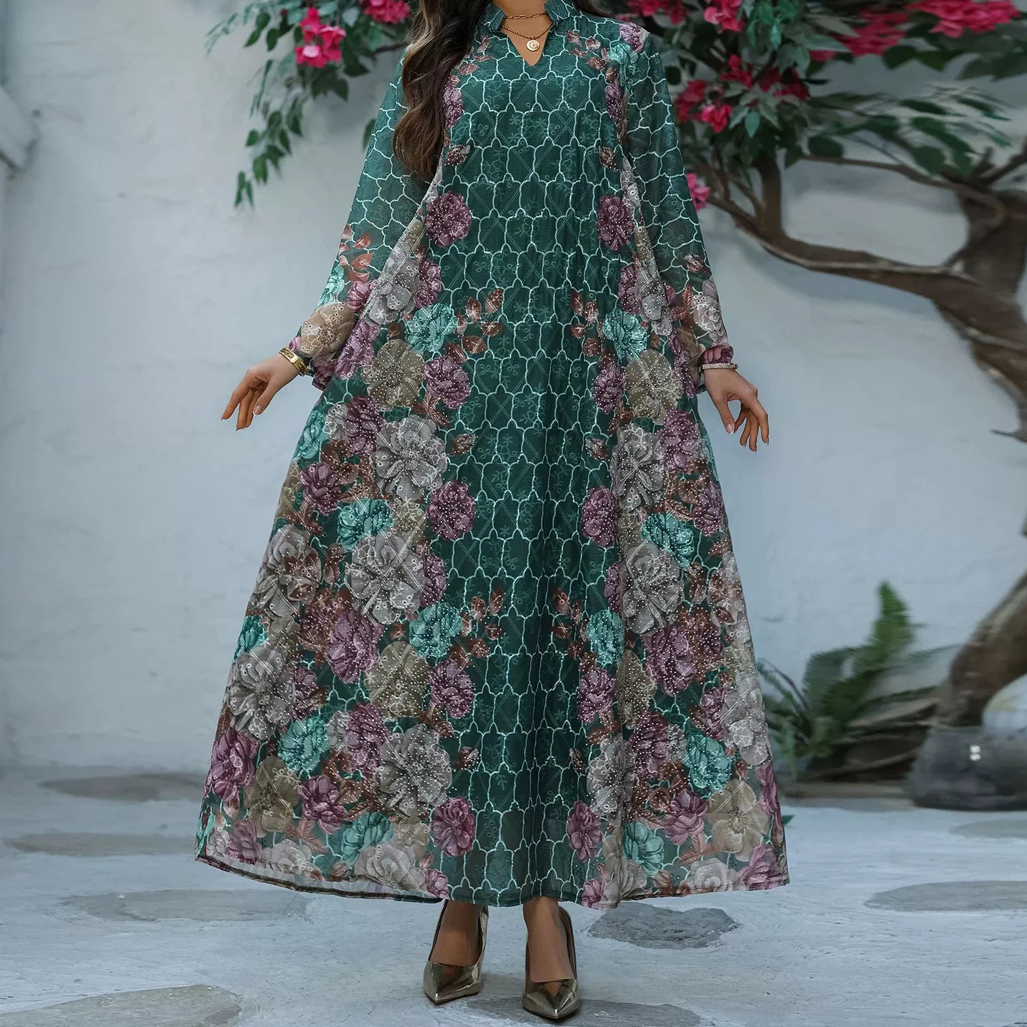 

2025 Middle Eastern Arab robe new print Amazon women's fashion long dress long sleeve-GZXX564