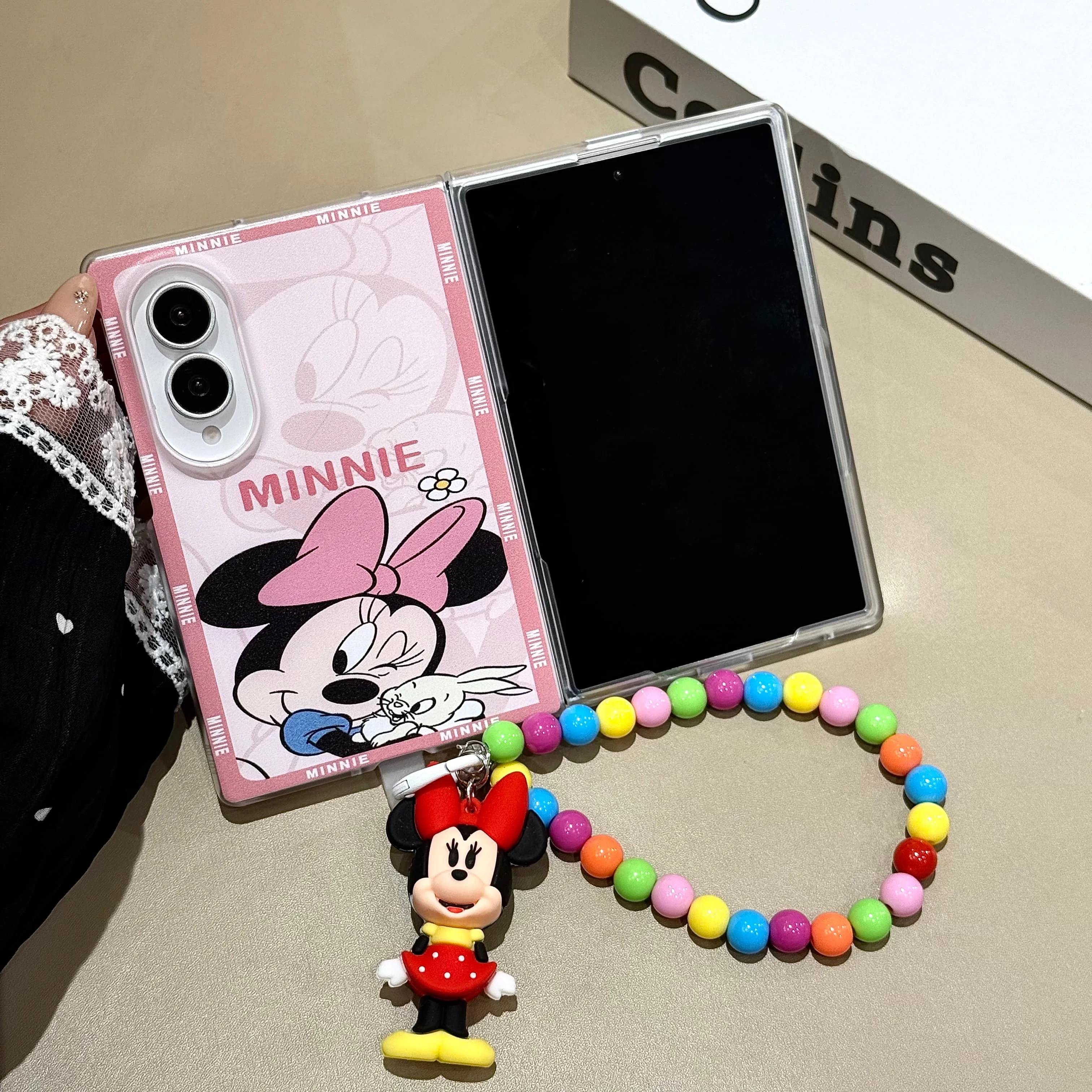 Cute Pink Foldable Phone Case For Samsung Galaxy Z Fold 8 Ultra 7 6 5 4 3 Cartoon Print Cover With Rainbow Beads Pendant Strap