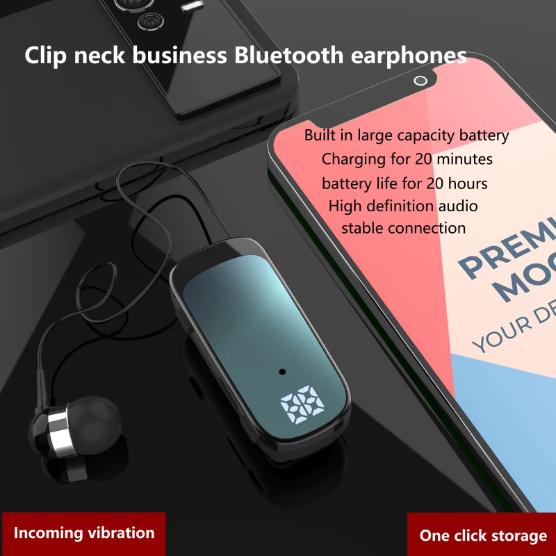 Display battery level, clip-on Bluetooth earphone, caller ID number, vibration, telescopic cable, fast charging, selfie, univers