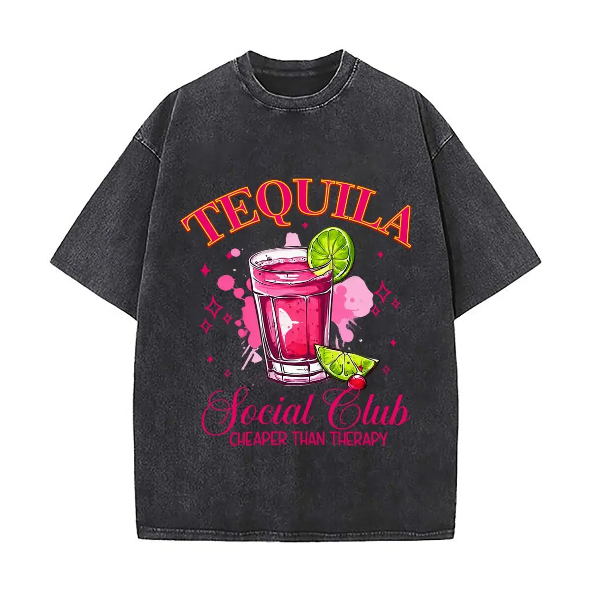 Tequila Social Club Cocktail Cheaper Than Therapy Lime Cherry Washed Short Sleeve Loose Streetwear Tee Hip Hop