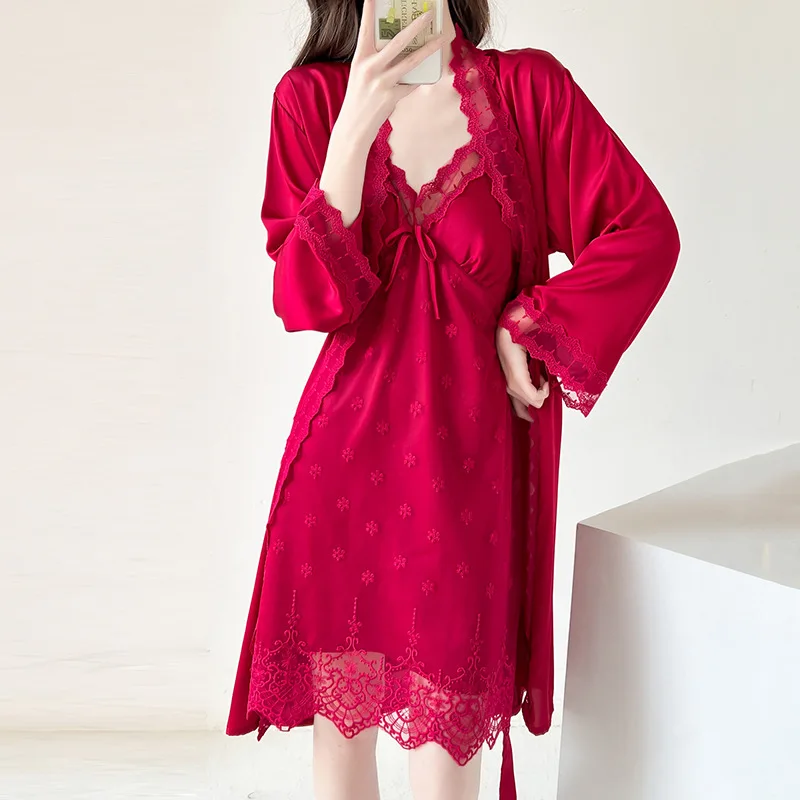 Loungewear 2PCS Kimono Robe Set Nightwear Women Sleepwear Bathrobe Gown Long Sleeve Sexy Lave Nightgown Intimate Lingerie