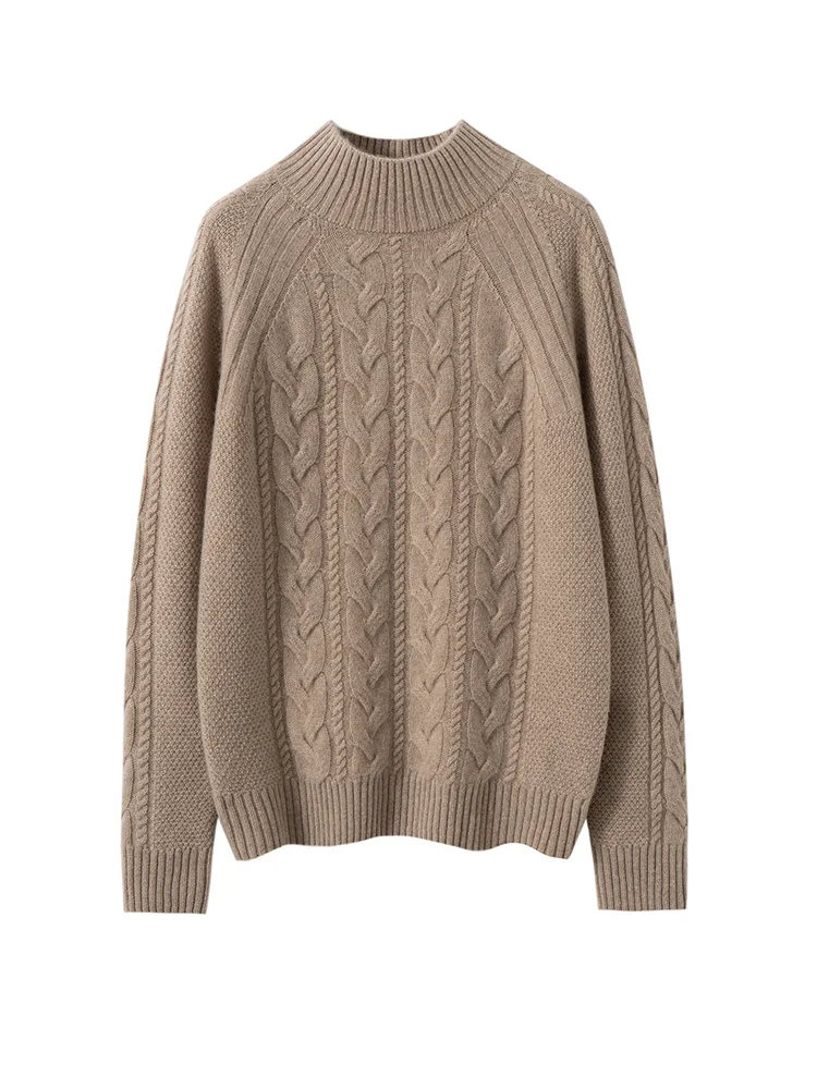 

Autumn Winter Women's Cable Stitch Knitted Pullover Soft Warm 100% Cashmere Sweater Classic Half High Collar Casual Basics Tops