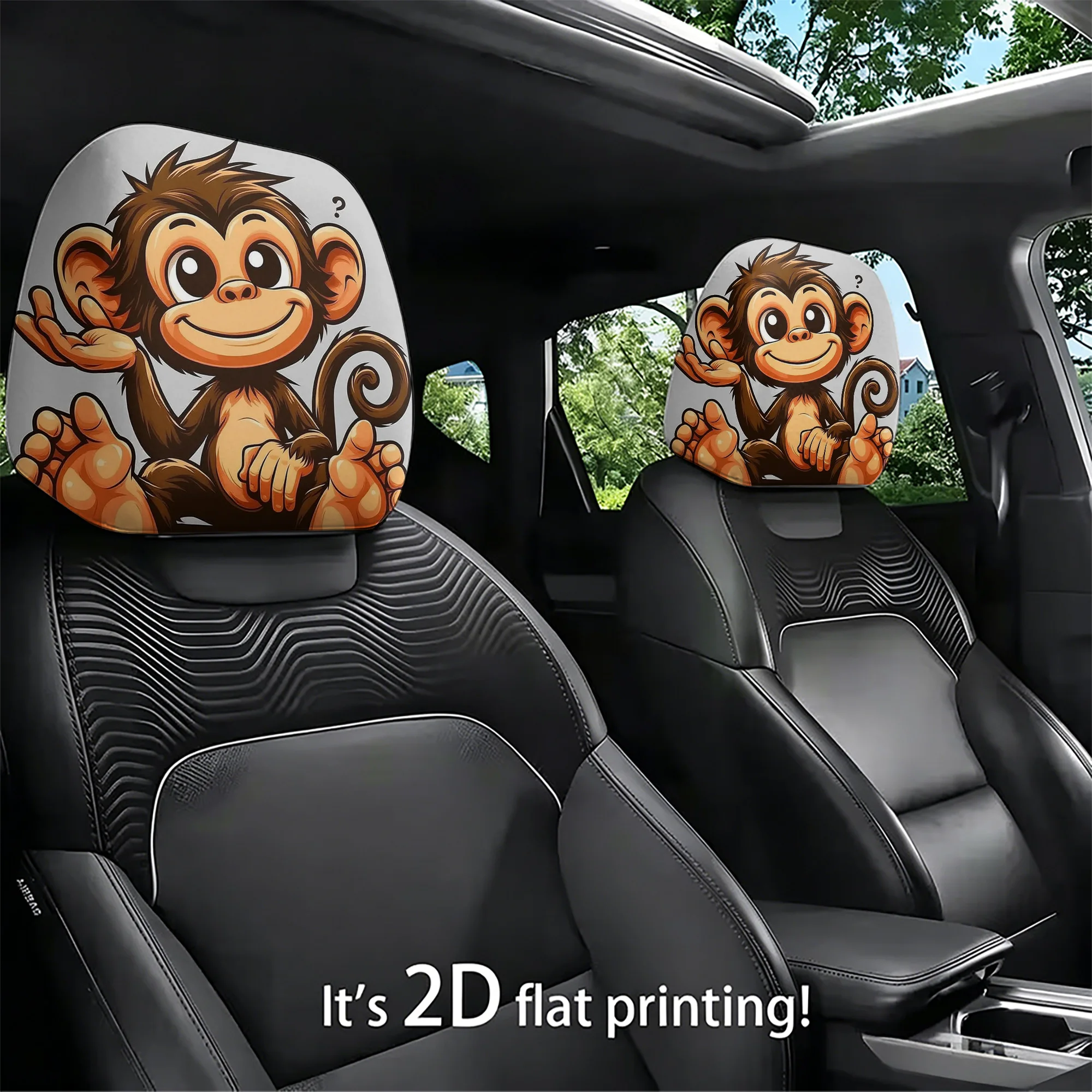 2pcs cute monkey-patterned car headrest covers to add a touch of playfulness to your car interior. Not filled. Easy to install.