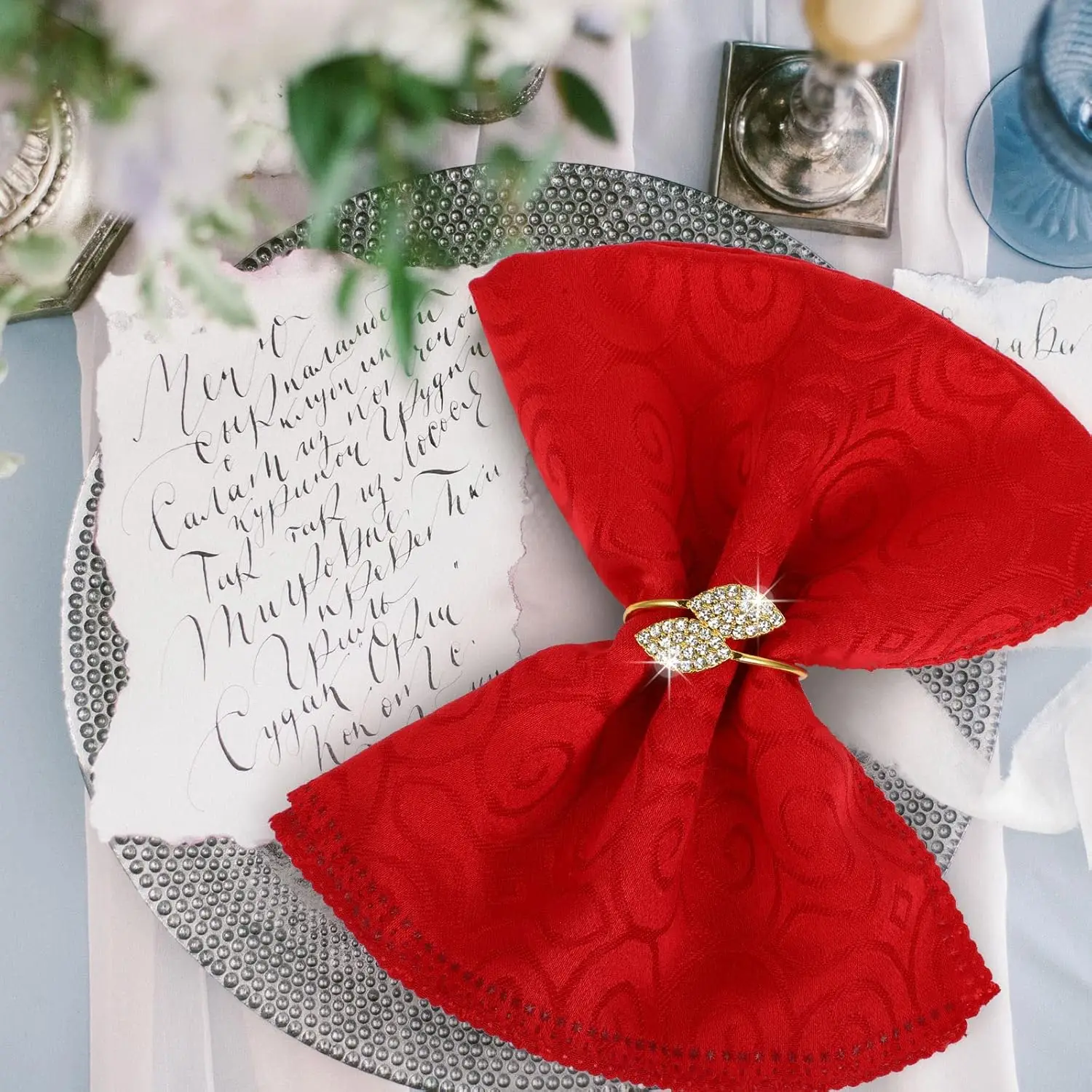 100 Pcs Gold Napkin Rings Set Bling Napkin Rings Metal Leaves Rhinestone Guest Towels Buckle for Wedding Party Gathering