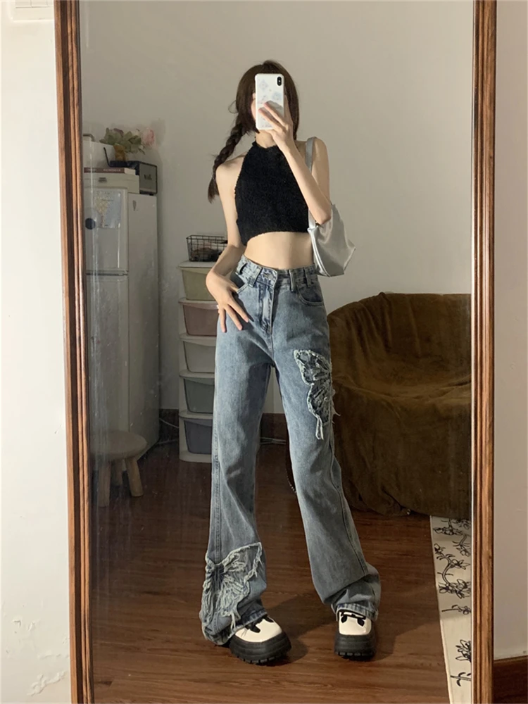 Women's Edge Design Butterfly Patch Micro Flared  Jeans Cool Girl Fashion Wide Leg Denim Trousers Female High Waist Pants